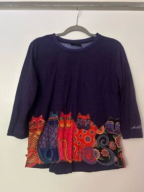 Laurel Burch Purple Multicolor Cat Print Blouse
